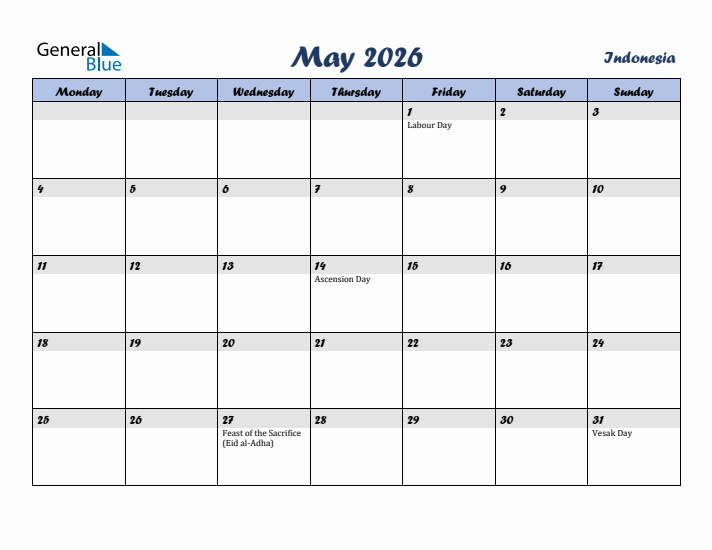May 2026 Calendar with Holidays in Indonesia