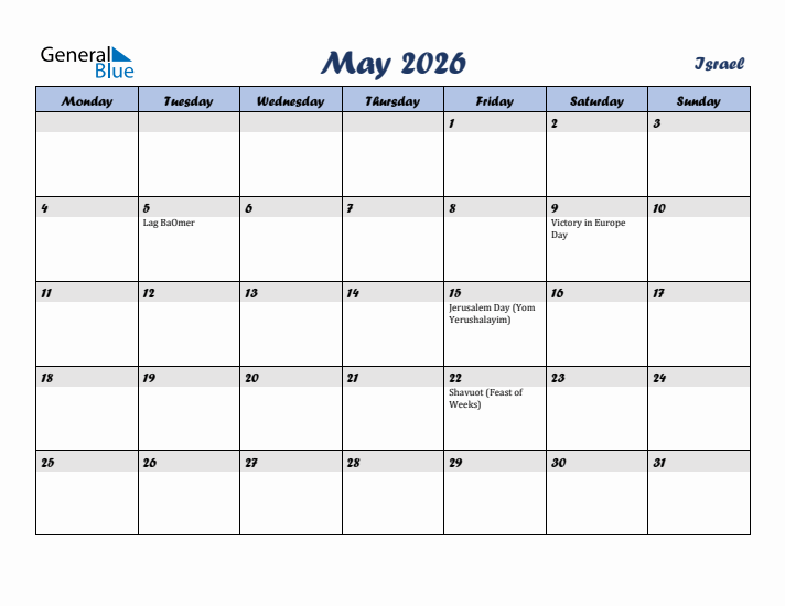 May 2026 Calendar with Holidays in Israel