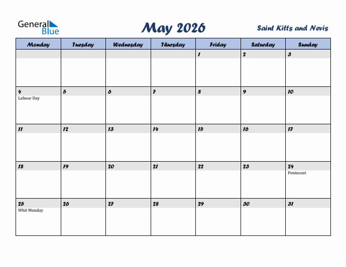 May 2026 Calendar with Holidays in Saint Kitts and Nevis
