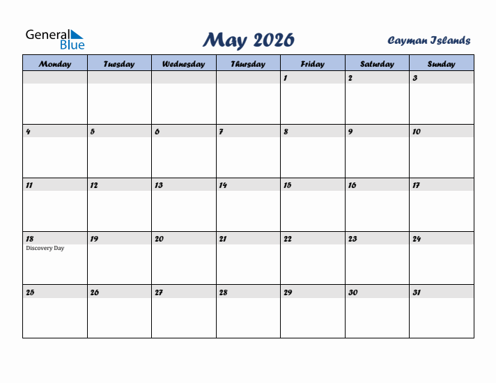 May 2026 Calendar with Holidays in Cayman Islands