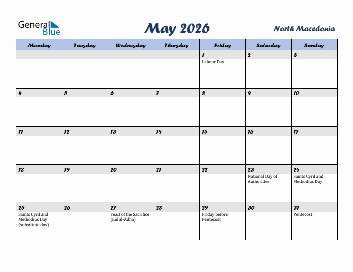 May 2026 Calendar with Holidays in North Macedonia