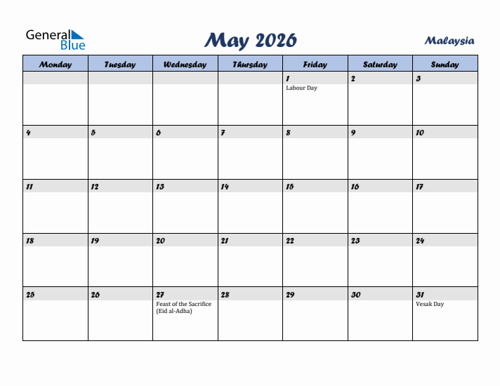 May 2026 Calendar with Holidays in Malaysia