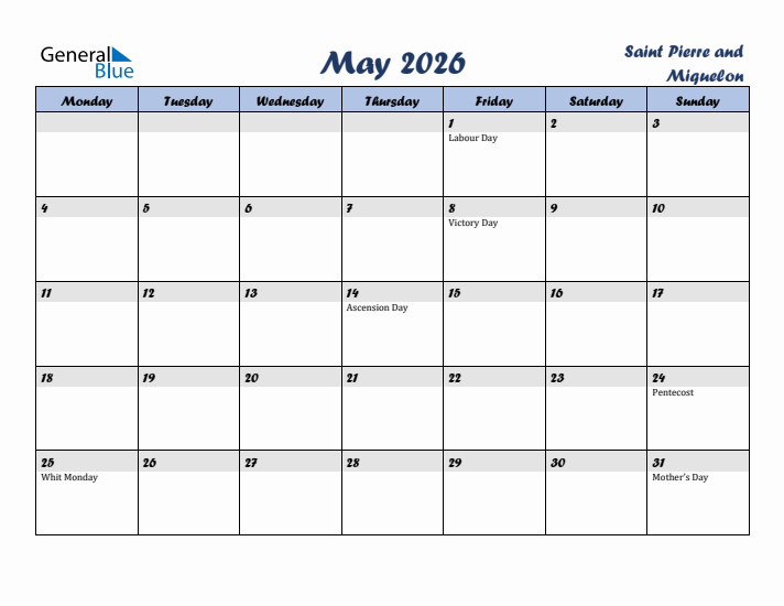 May 2026 Calendar with Holidays in Saint Pierre and Miquelon