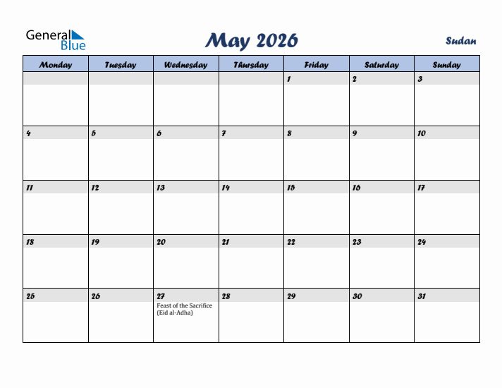 May 2026 Calendar with Holidays in Sudan