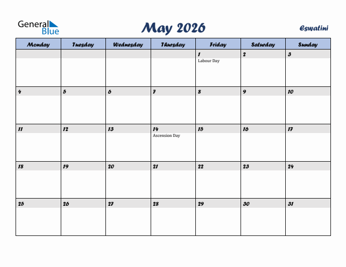 May 2026 Calendar with Holidays in Eswatini