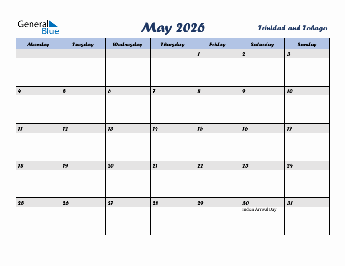May 2026 Calendar with Holidays in Trinidad and Tobago