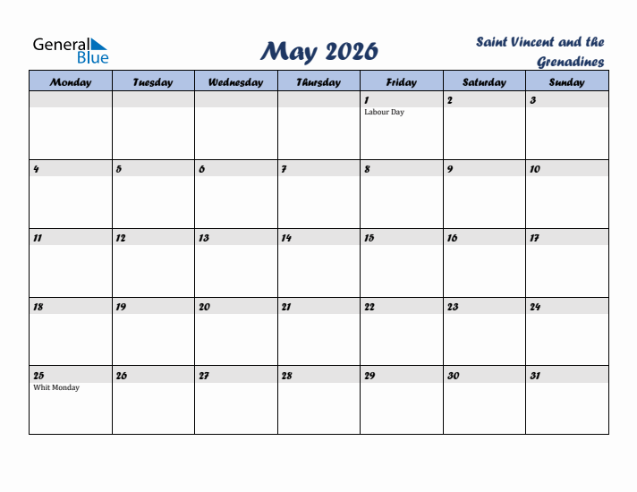 May 2026 Calendar with Holidays in Saint Vincent and the Grenadines