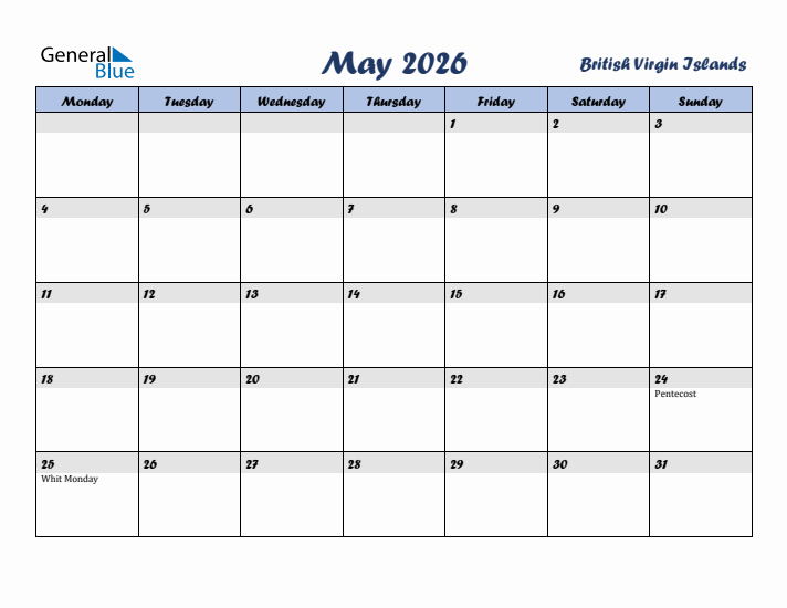 May 2026 Calendar with Holidays in British Virgin Islands