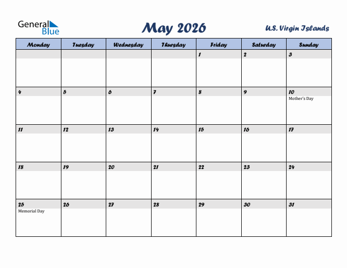 May 2026 Calendar with Holidays in U.S. Virgin Islands