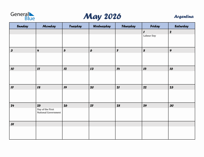 May 2026 Calendar with Holidays in Argentina
