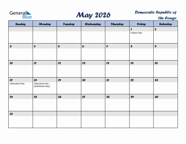 May 2026 Calendar with Holidays in Democratic Republic of the Congo