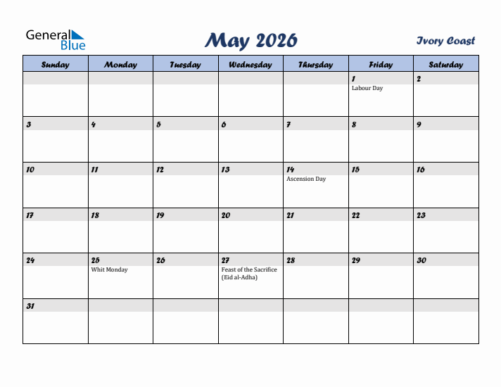 May 2026 Calendar with Holidays in Ivory Coast