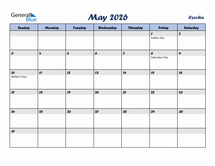May 2026 Calendar with Holidays in Czechia