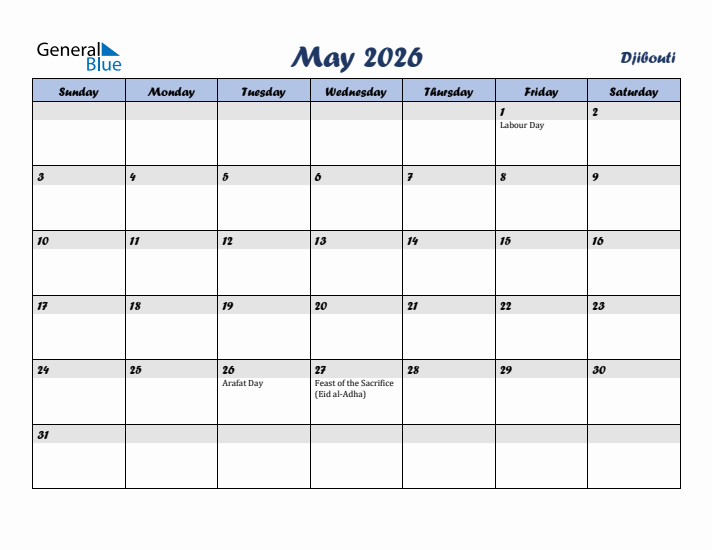 May 2026 Calendar with Holidays in Djibouti