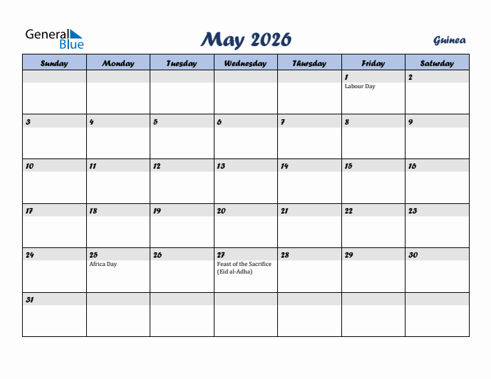 May 2026 Calendar with Holidays in Guinea