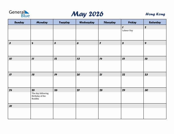 May 2026 Calendar with Holidays in Hong Kong
