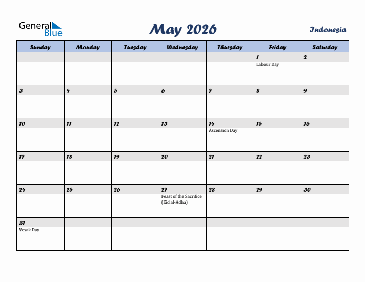 May 2026 Calendar with Holidays in Indonesia