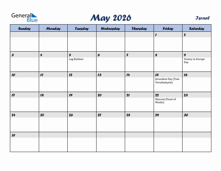May 2026 Calendar with Holidays in Israel