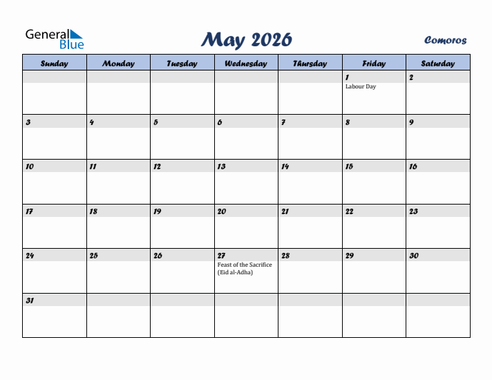 May 2026 Calendar with Holidays in Comoros
