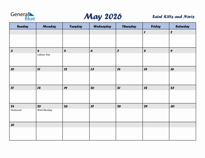 May 2026 Calendar with Holidays in Saint Kitts and Nevis