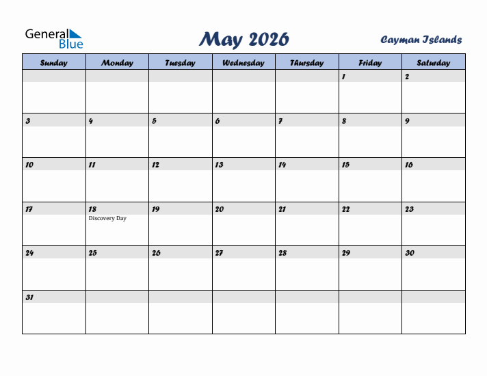 May 2026 Calendar with Holidays in Cayman Islands