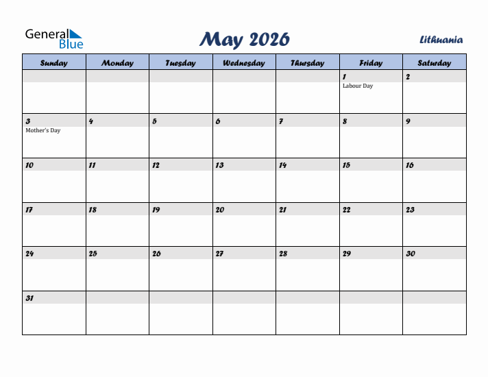 May 2026 Calendar with Holidays in Lithuania