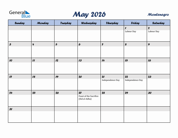 May 2026 Calendar with Holidays in Montenegro