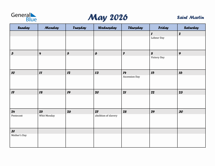 May 2026 Calendar with Holidays in Saint Martin