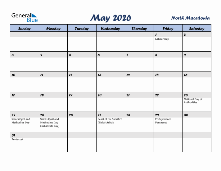 May 2026 Calendar with Holidays in North Macedonia