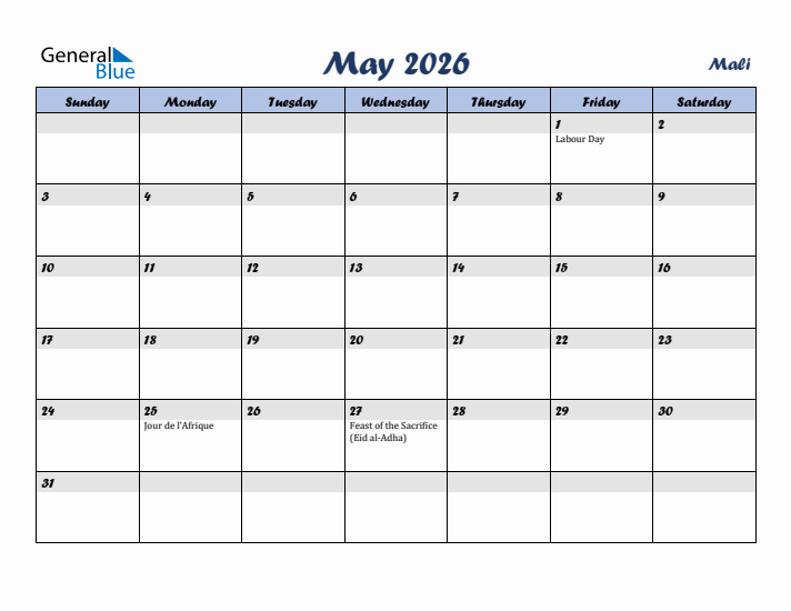 May 2026 Calendar with Holidays in Mali