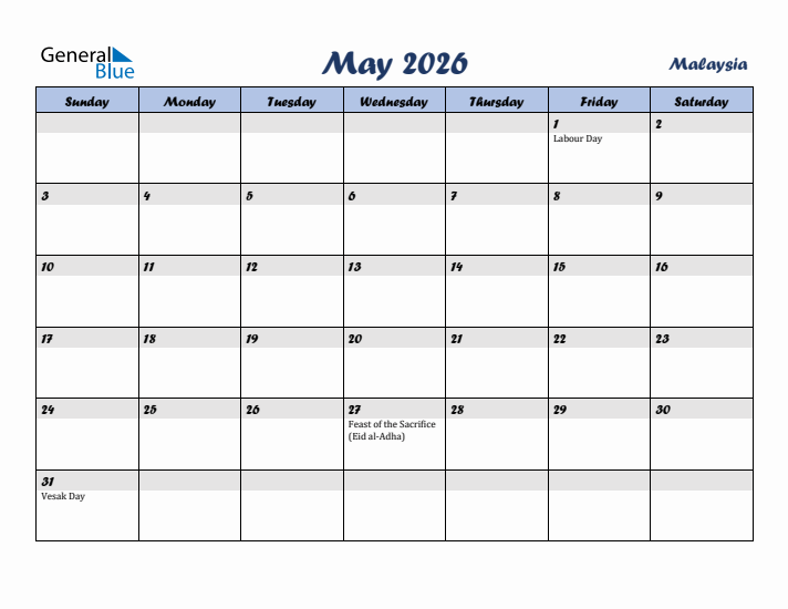 May 2026 Calendar with Holidays in Malaysia