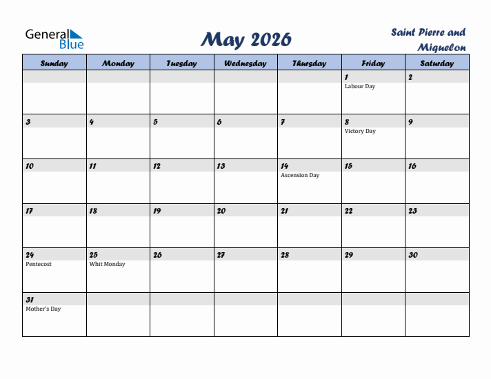 May 2026 Calendar with Holidays in Saint Pierre and Miquelon