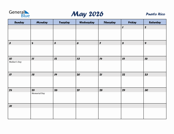 May 2026 Calendar with Holidays in Puerto Rico