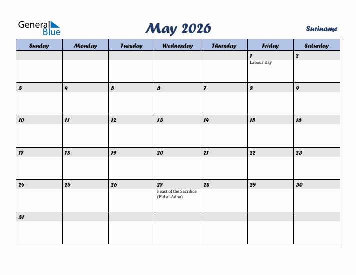 May 2026 Calendar with Holidays in Suriname