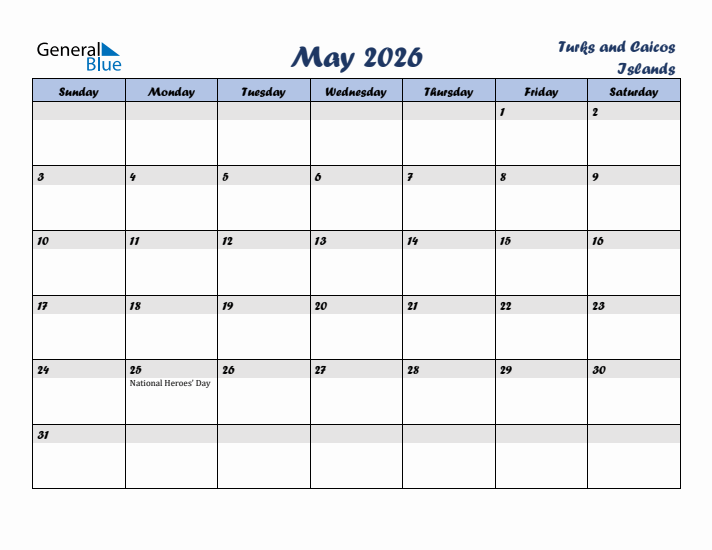 May 2026 Calendar with Holidays in Turks and Caicos Islands