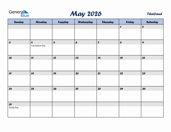 May 2026 Calendar with Holidays in Thailand