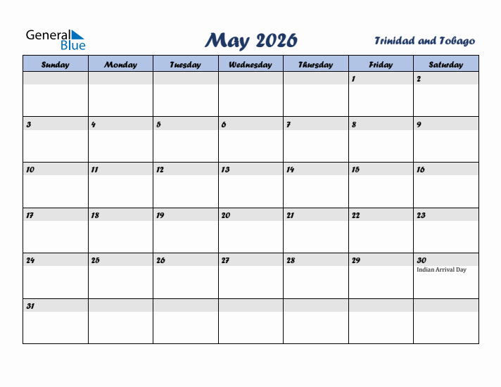 May 2026 Calendar with Holidays in Trinidad and Tobago