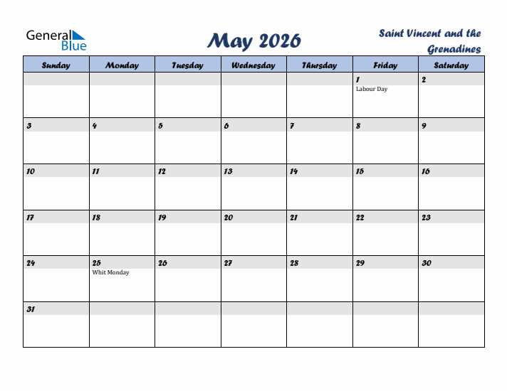 May 2026 Calendar with Holidays in Saint Vincent and the Grenadines