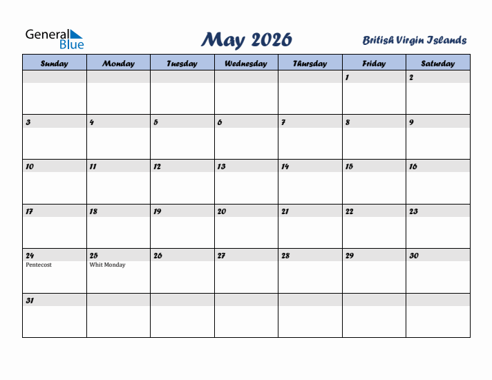 May 2026 Calendar with Holidays in British Virgin Islands