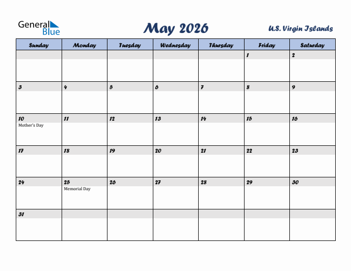 May 2026 Calendar with Holidays in U.S. Virgin Islands