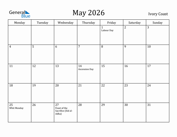 May 2026 Calendar Ivory Coast