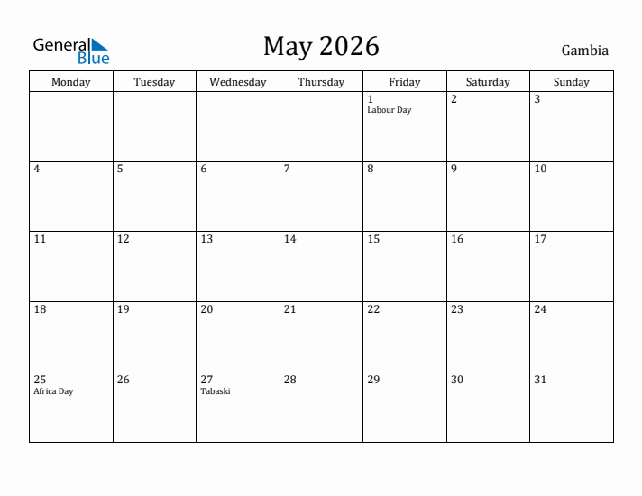May 2026 Calendar Gambia