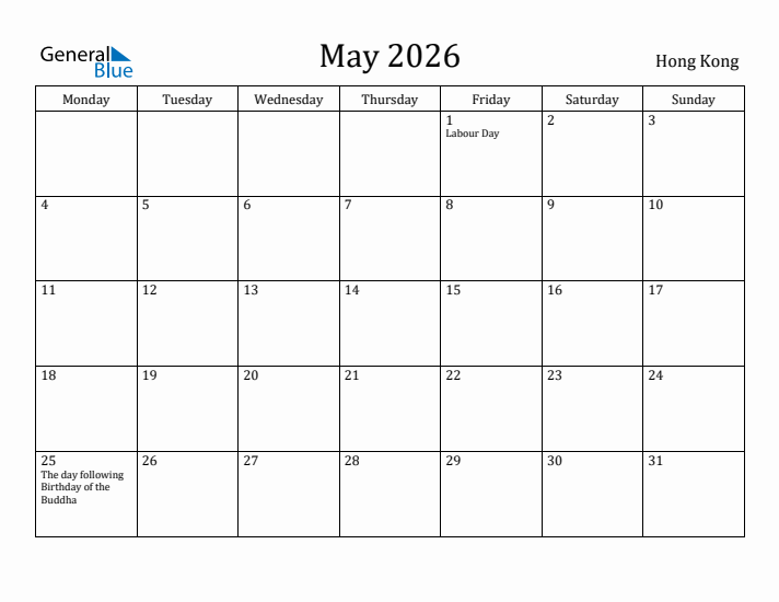 May 2026 Calendar Hong Kong