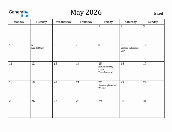 May 2026 Calendar Israel