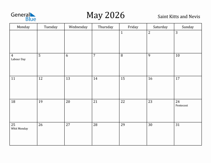 May 2026 Calendar Saint Kitts and Nevis