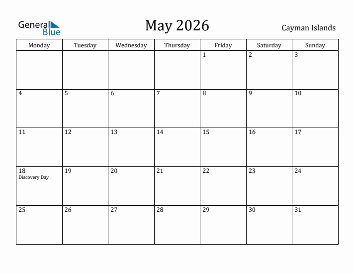 May 2026 Calendar Cayman Islands