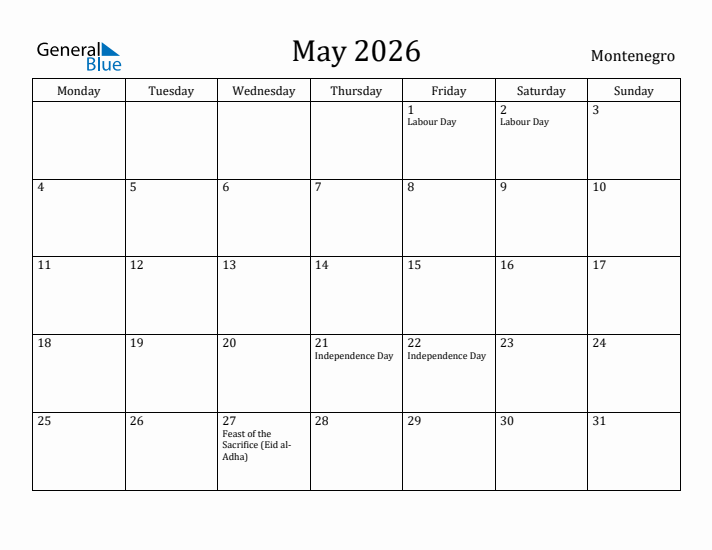 May 2026 Calendar Montenegro