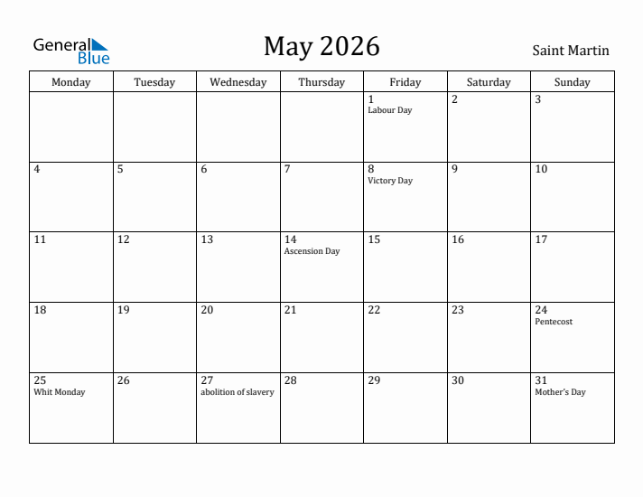 May 2026 Calendar Saint Martin