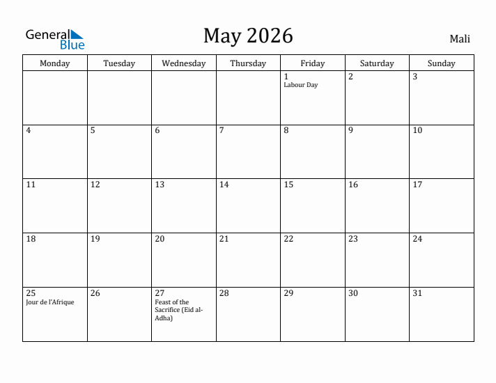 May 2026 Calendar Mali