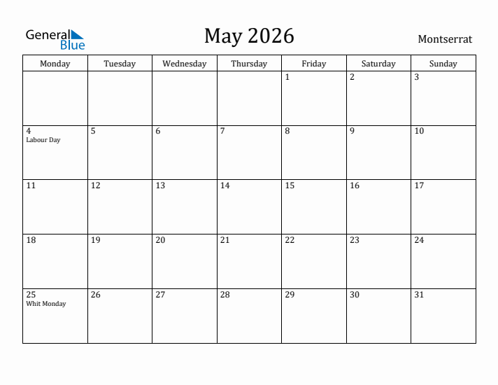 May 2026 Calendar Montserrat